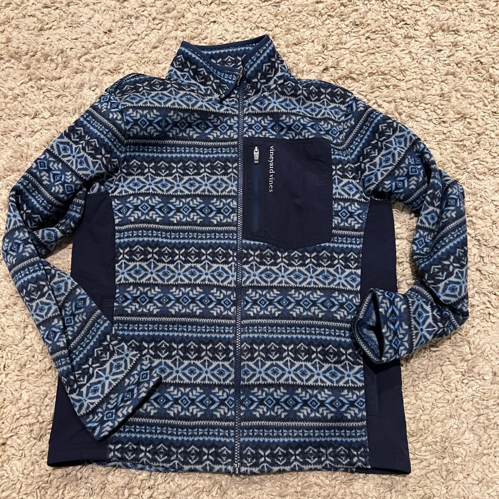 Vineyard Vines Boys Blue Fair Isle Zip Fleece Jacket Large